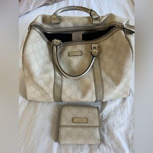 Authentic Gucci white and silver bowling bag with matching wallet